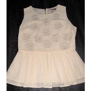 Love 21 Cream Floral Embellished Pleated Peplum Top Size M